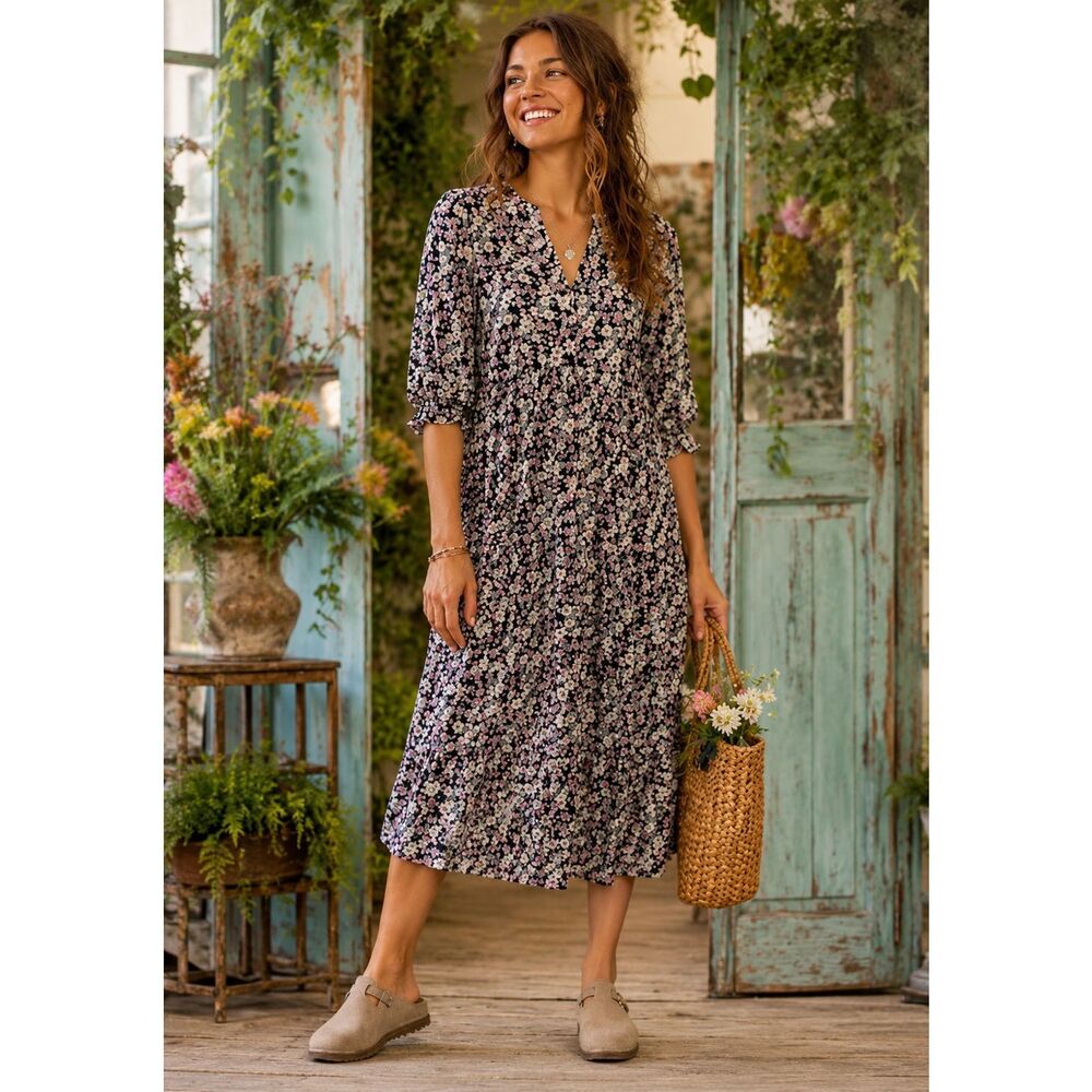 Natural Life Floral Rayon Midi Dress XL Boho Tiered Cottagecore Peasant Multi